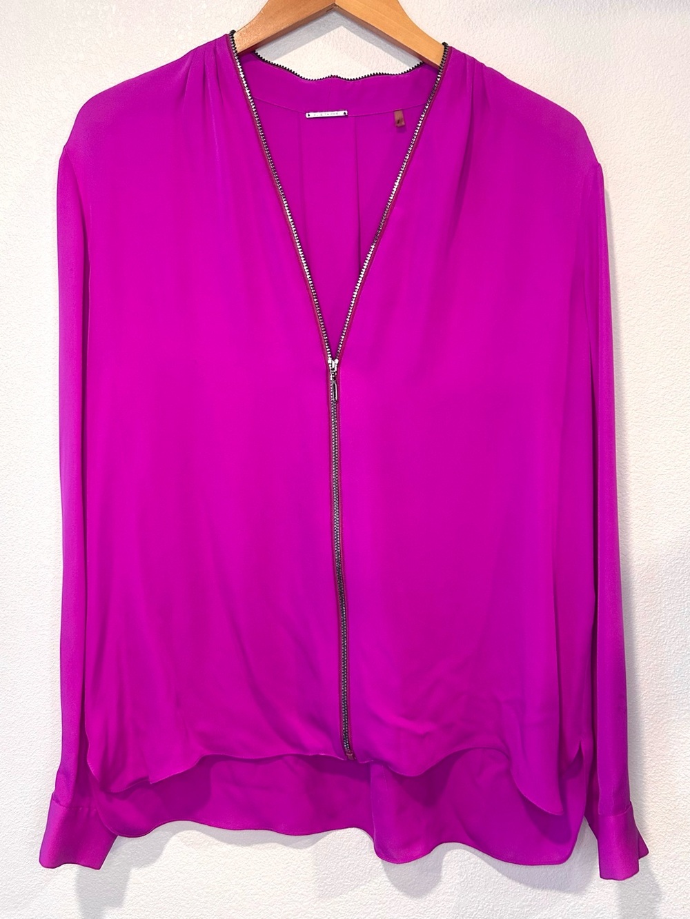 Elie Tahari 100% Silk Fuchsia Zipper Long Sleeve Blouse Designer Luxury Size L